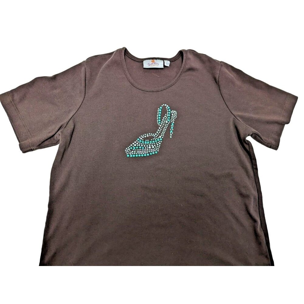 Quacker Factory Women size S Shoe Embellished Short Sleeve T Shirt Top Sparkle